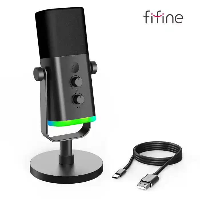 FIFINE AM8 RGB AmpliGame USB/XLR Dynamic Mic with Touch-mute, I/O Controls, Live Monitoring for Streaming
